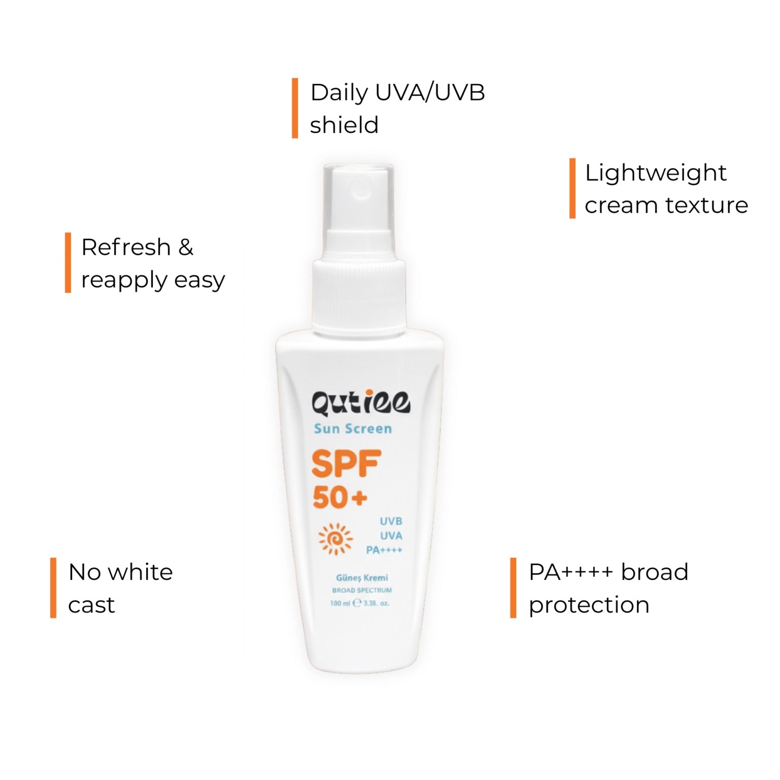 Sunscreen spray bottle with SPF 50+ on a white background