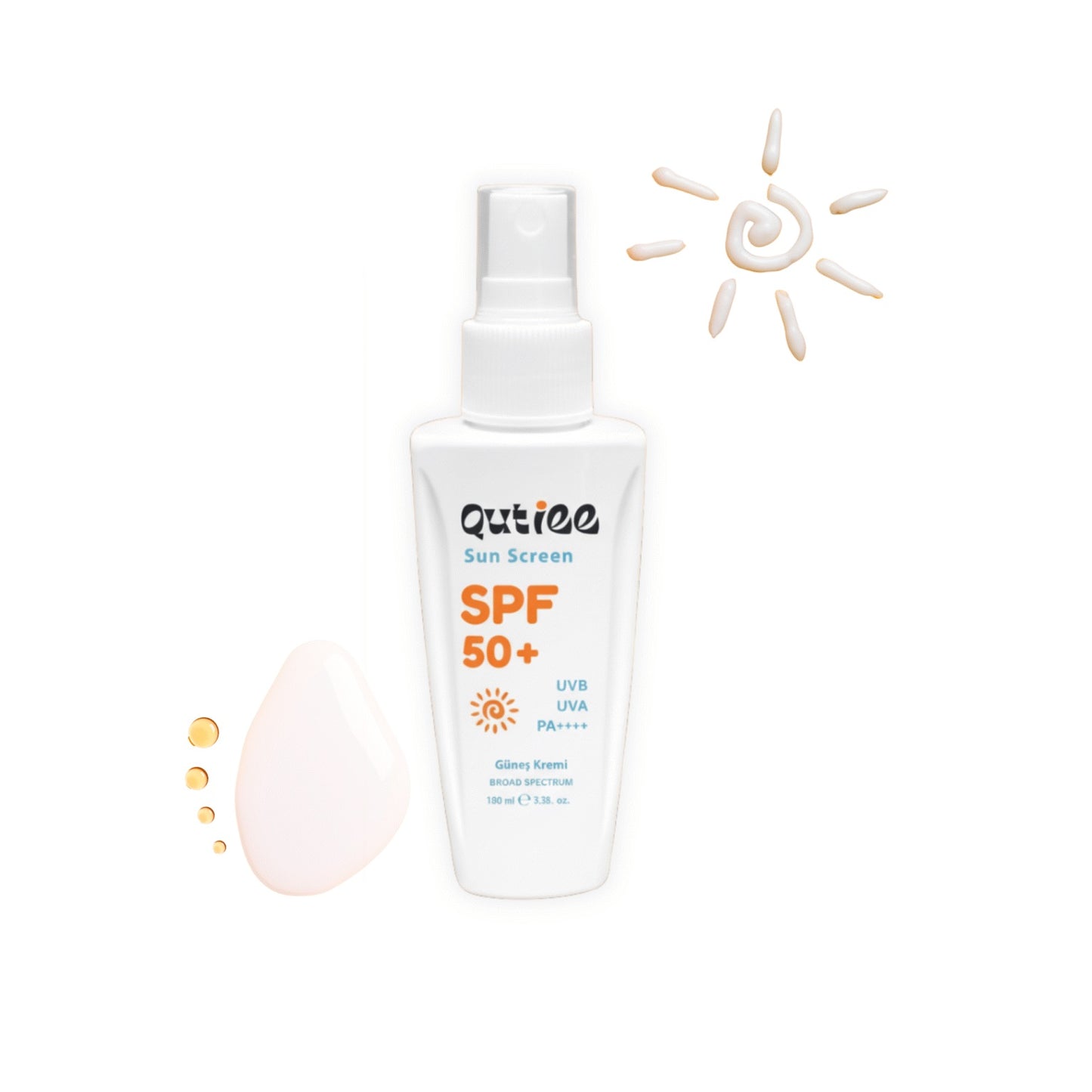 White sunscreen spray bottle with SPF 50+ label on a white background