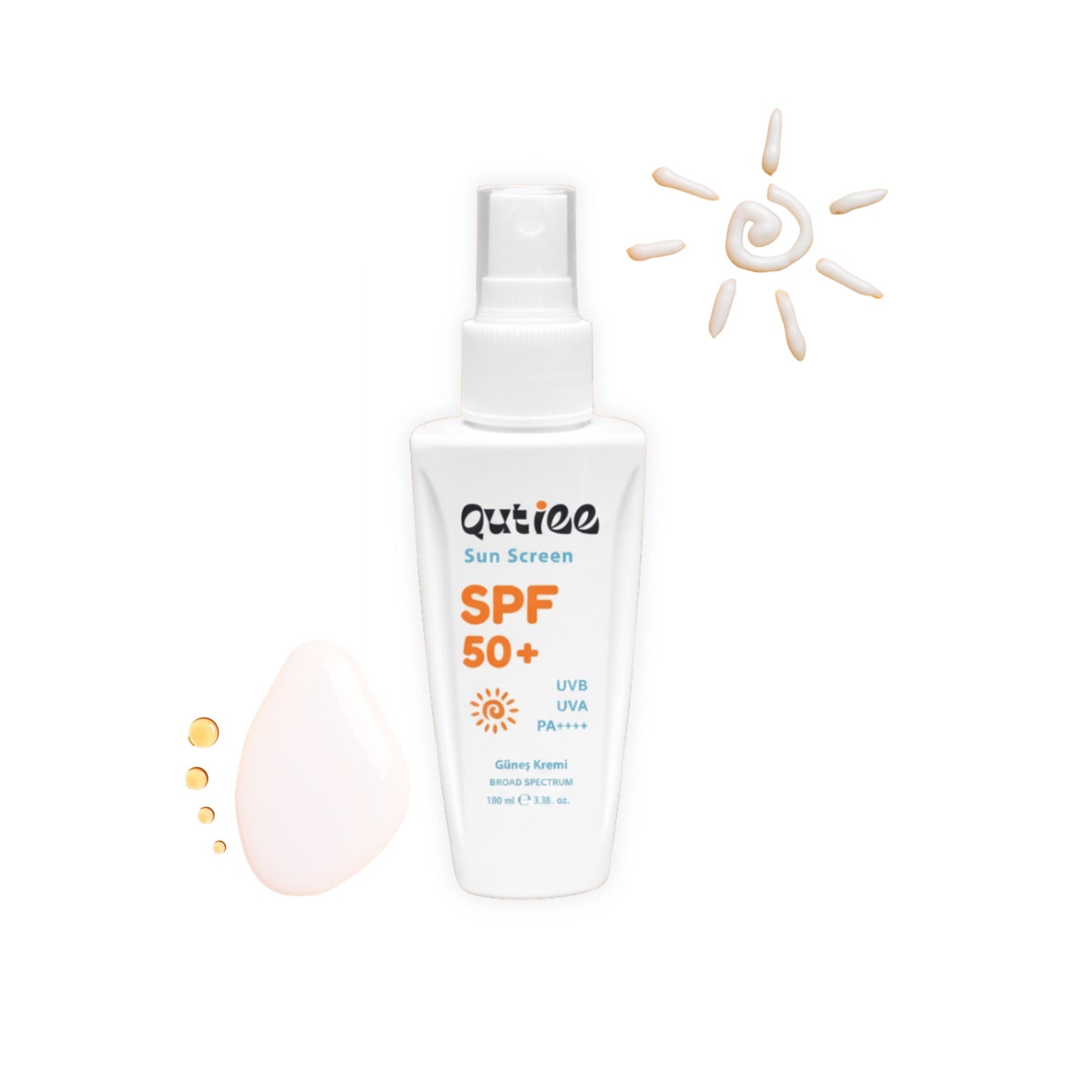 White sunscreen spray bottle with SPF 50+ label on a white background