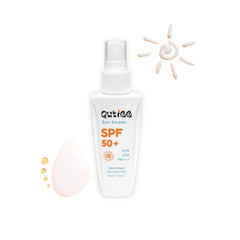 White sunscreen spray bottle with SPF 50+ label on a white background
