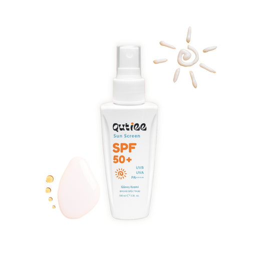 White sunscreen spray bottle with SPF 50+ label on a white background