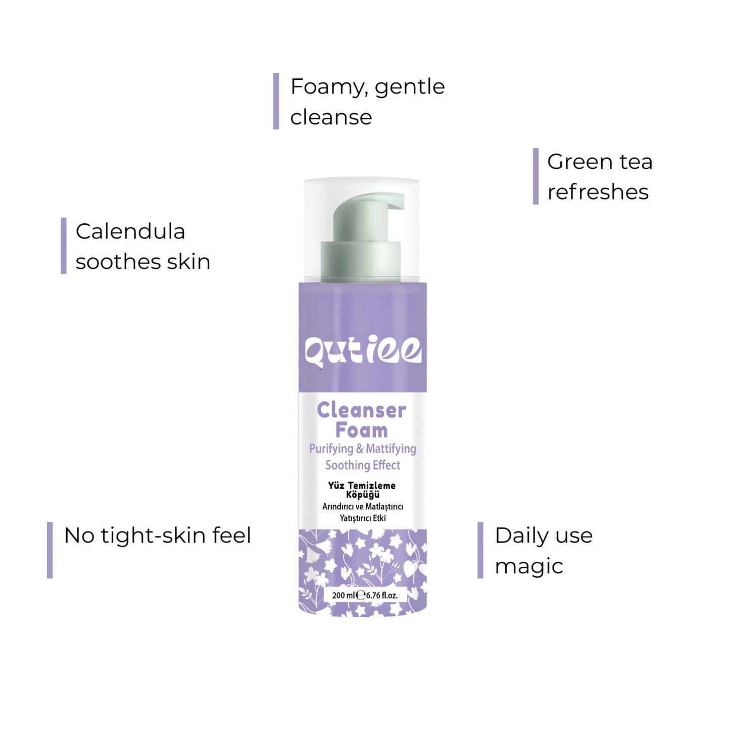 Qutiee Cleanser Foam bottle with text highlighting its benefits on a white background