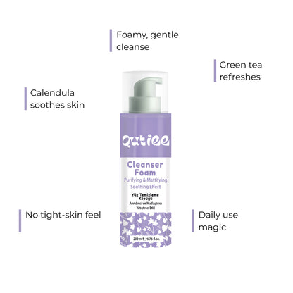 Qutiee Cleanser Foam bottle with text highlighting its benefits on a white background