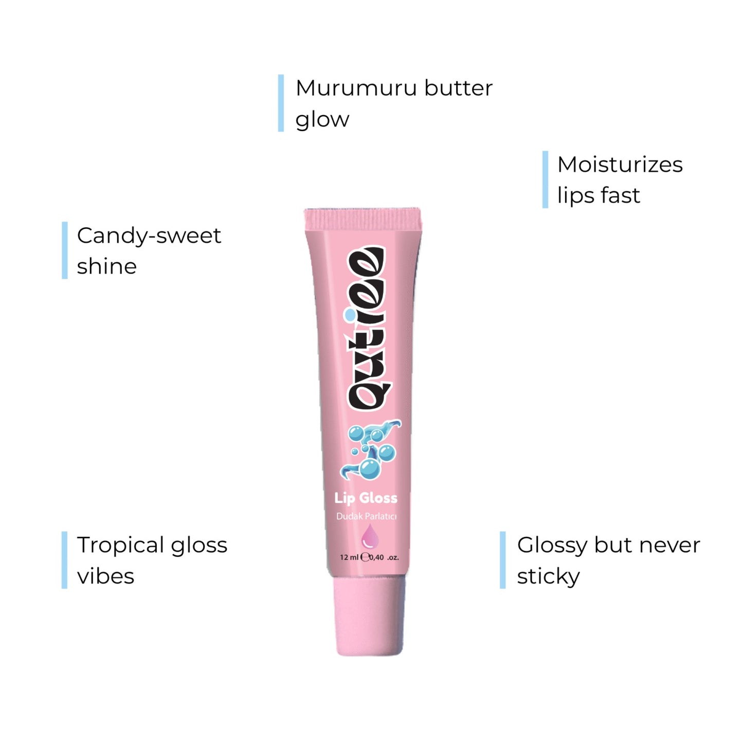 Pink lip gloss tube with text describing its features on a white background