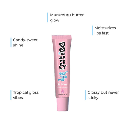 Pink lip gloss tube with text describing its features on a white background