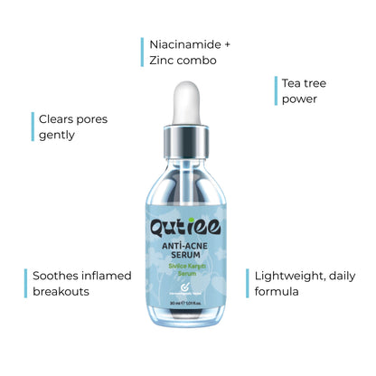 Outiee Anti-Acne Serum bottle with text highlighting features on a white background