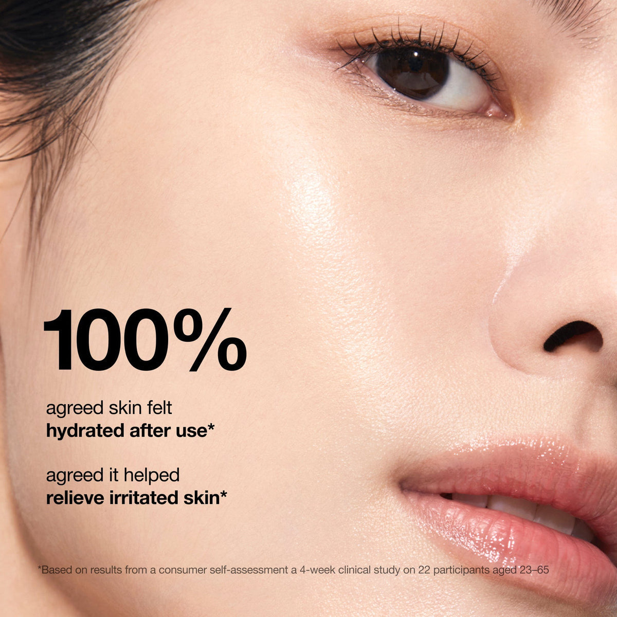 Close-up of a person's face with text about skin hydration and relief.
