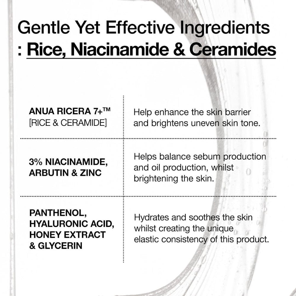 List of gentle yet effective ingredients with their functions on a white background