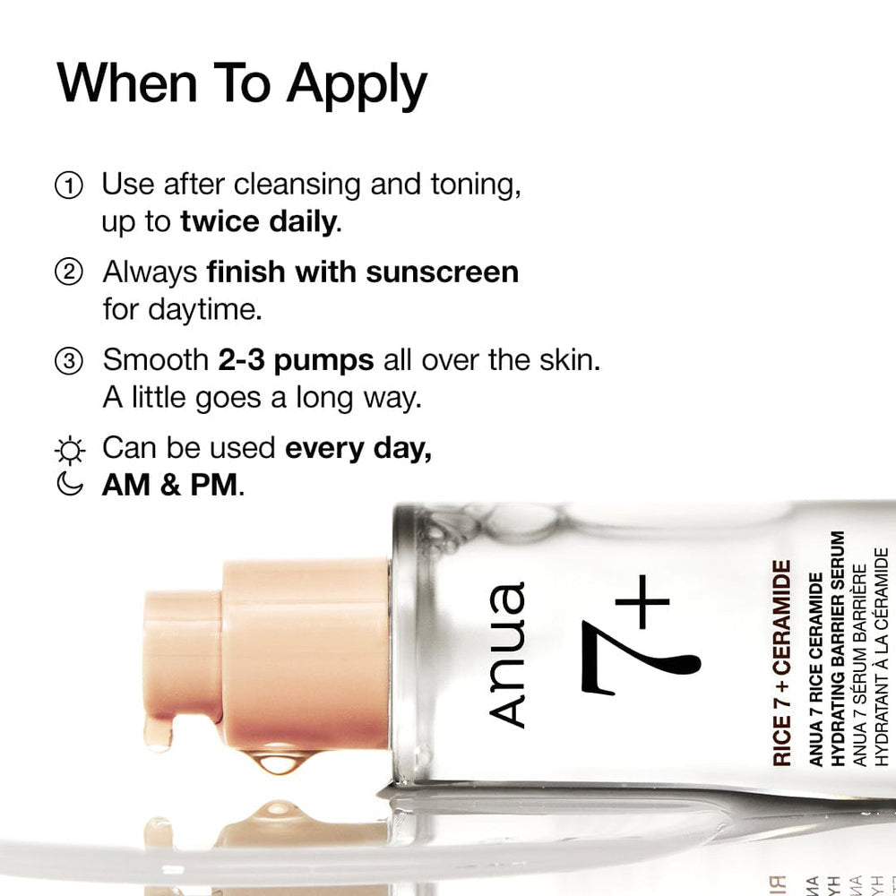 Anua skincare serum bottle with usage instructions on a white background