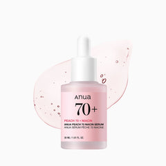 Anua 70+ Peach 70 + Niacin serum bottle on a light pink background
