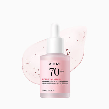Anua 70+ Peach 70 + Niacin serum bottle on a light pink background