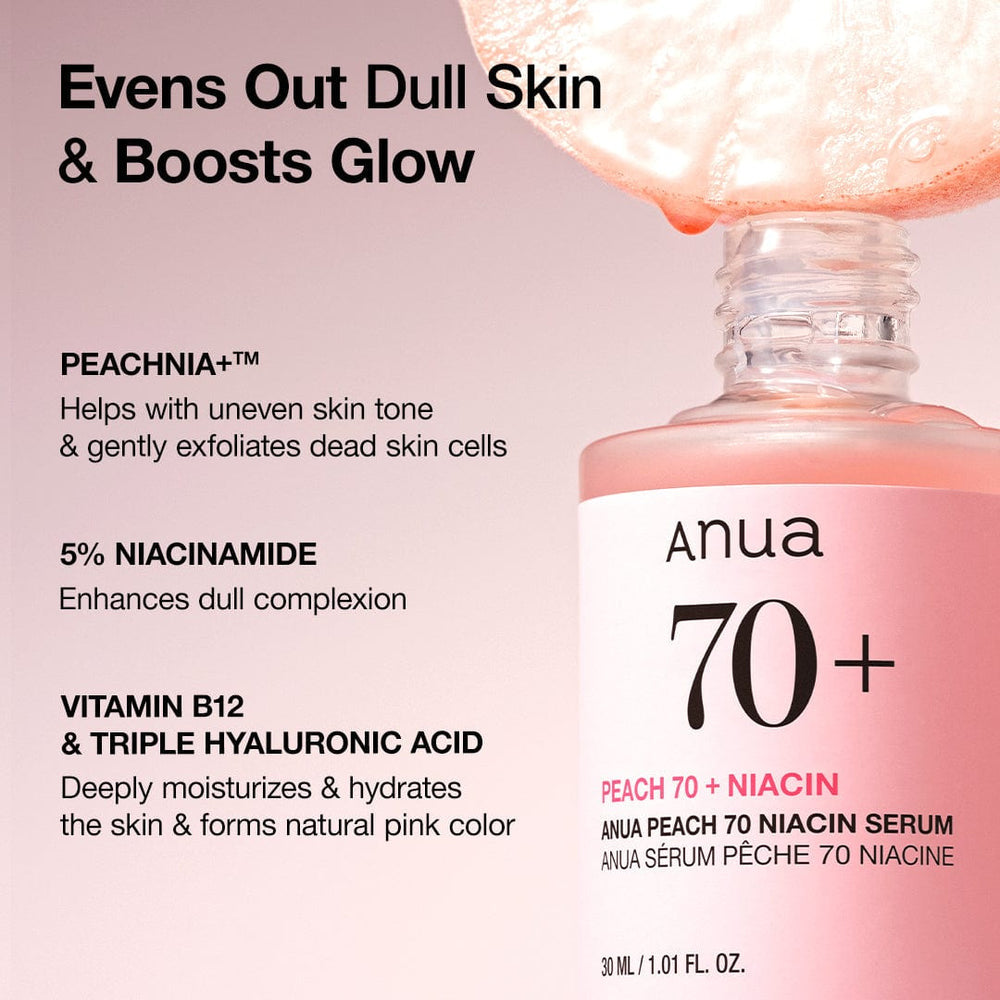 Anua 70+ serum bottle with product features on a pink background