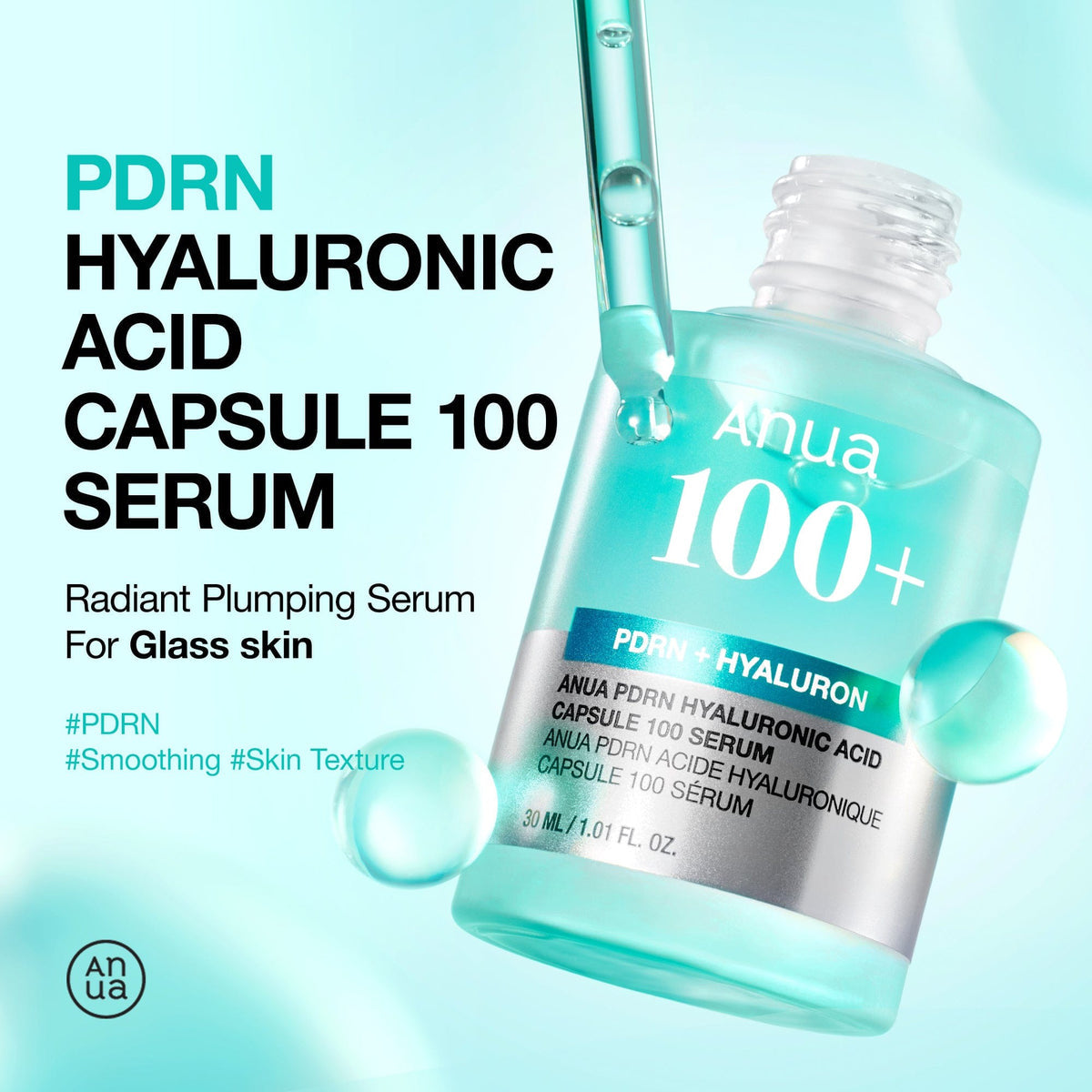 Anua 100+ Hyaluronic Acid Serum bottle with dropper on a light blue background