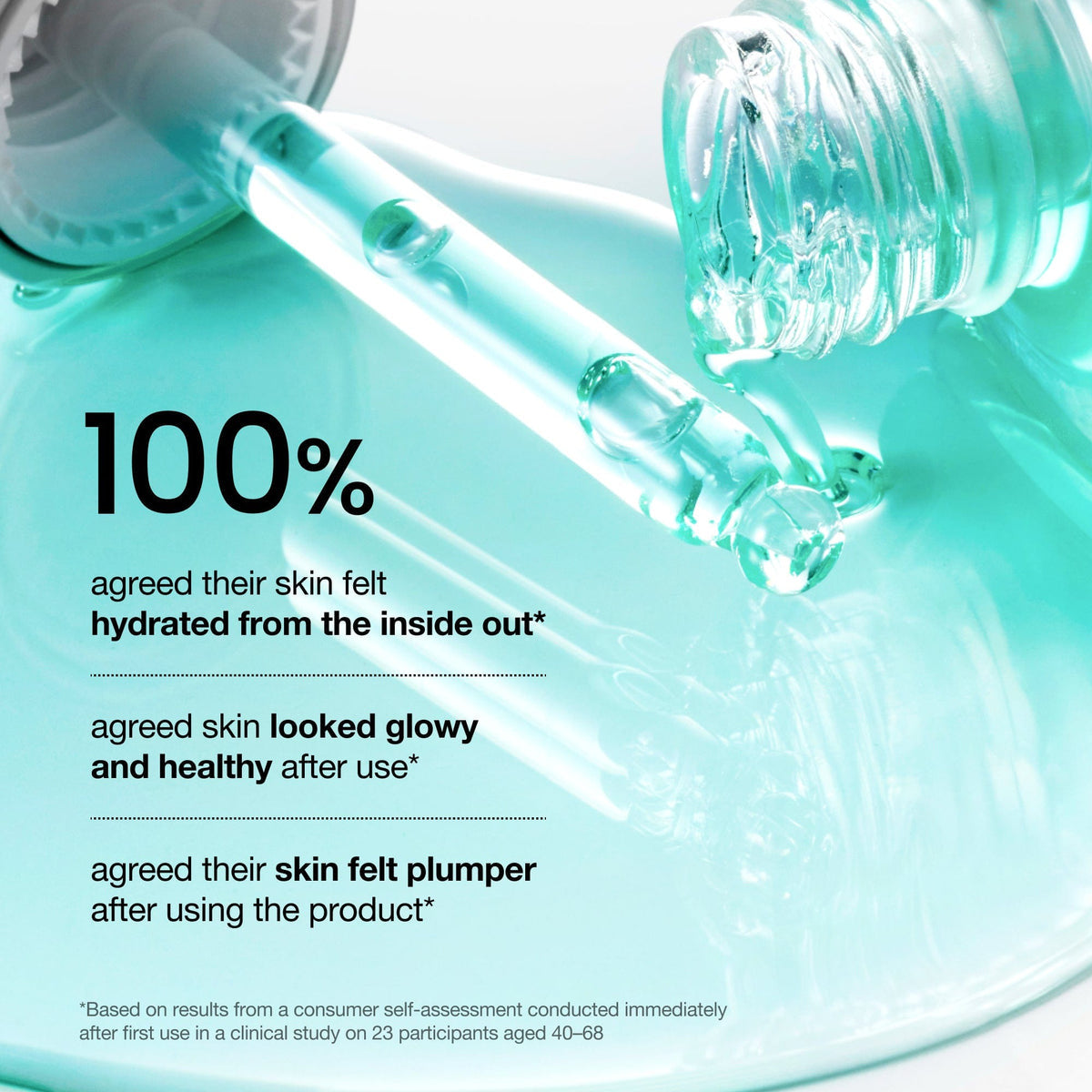 Skincare product with dropper and text on a light blue background