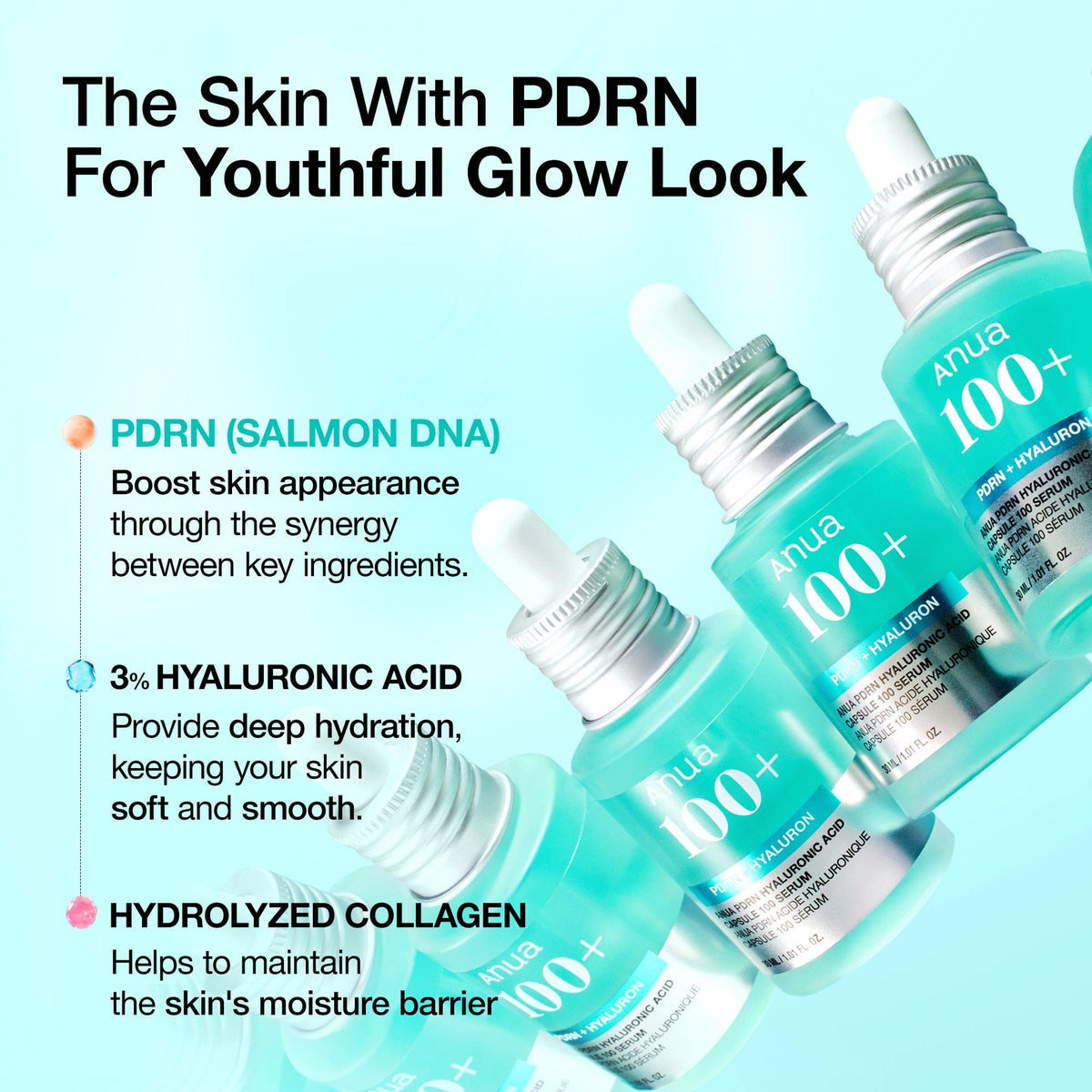 Anua 100+ skincare dropper bottles with product features on a light blue background