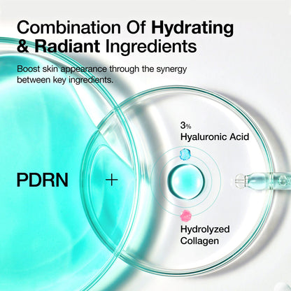 Diagram of hydrating and radiant ingredients with PDRN, hyaluronic acid, and hydrolyzed collagen on a white background.