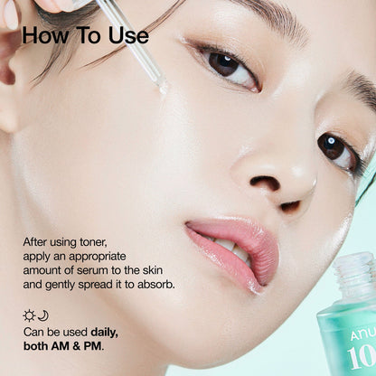 Cosmetic product with text on how to use it, featuring a close-up of a person's face.