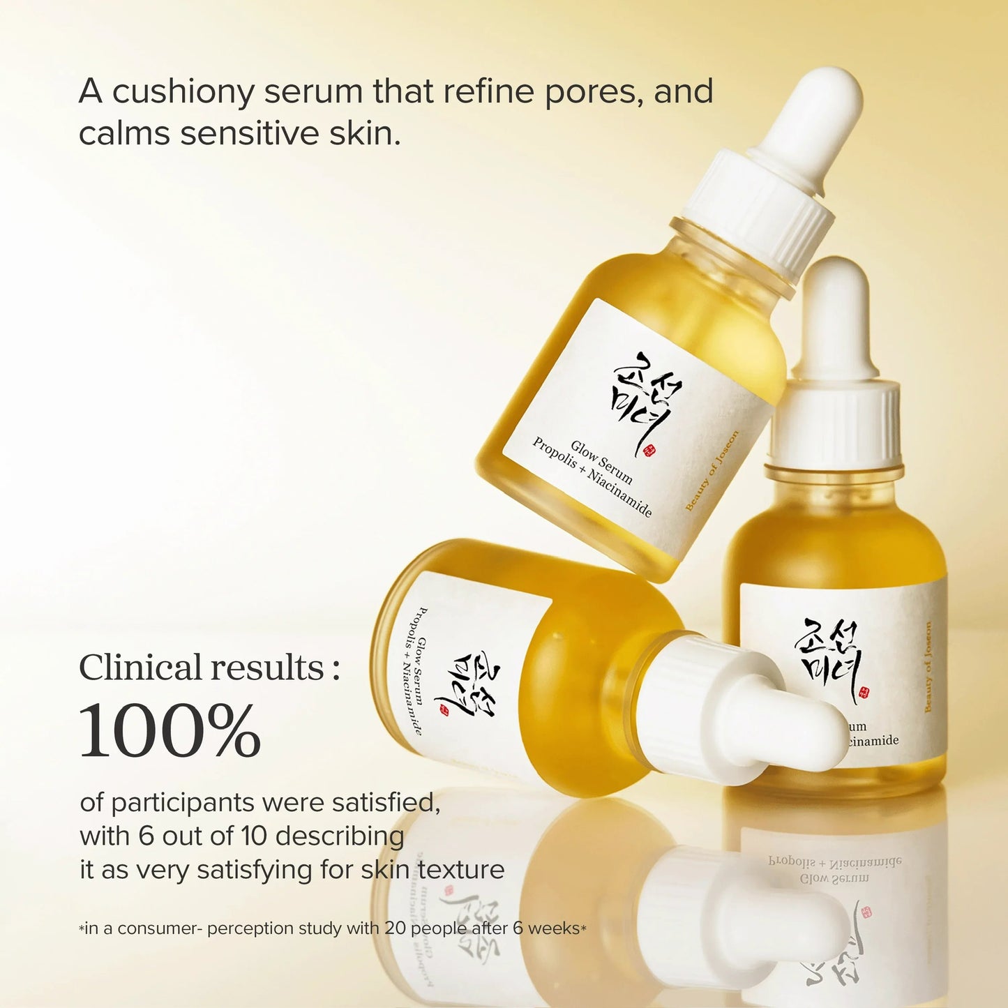 Three skincare serum bottles with droppers on a reflective surface against a yellow background.