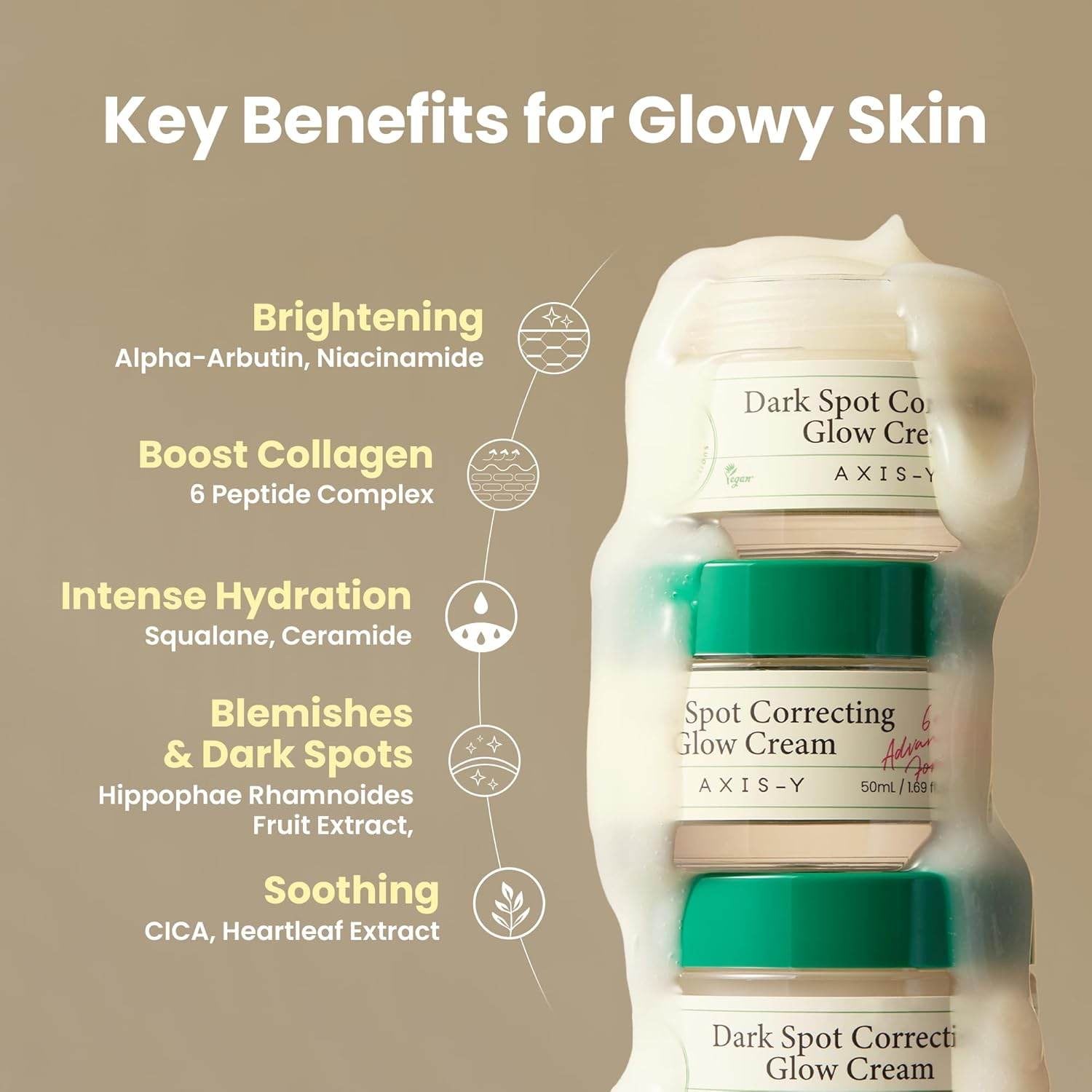 AXIS-Y Dark Spot Correcting Glow Cream with benefits listed on a beige background
