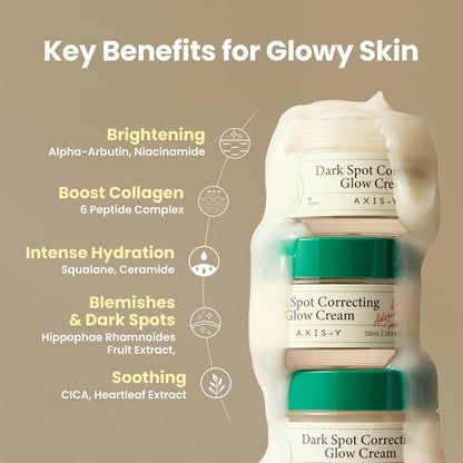 AXIS-Y Dark Spot Correcting Glow Cream with benefits listed on a beige background