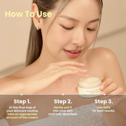Woman applying cream with text on how to use it