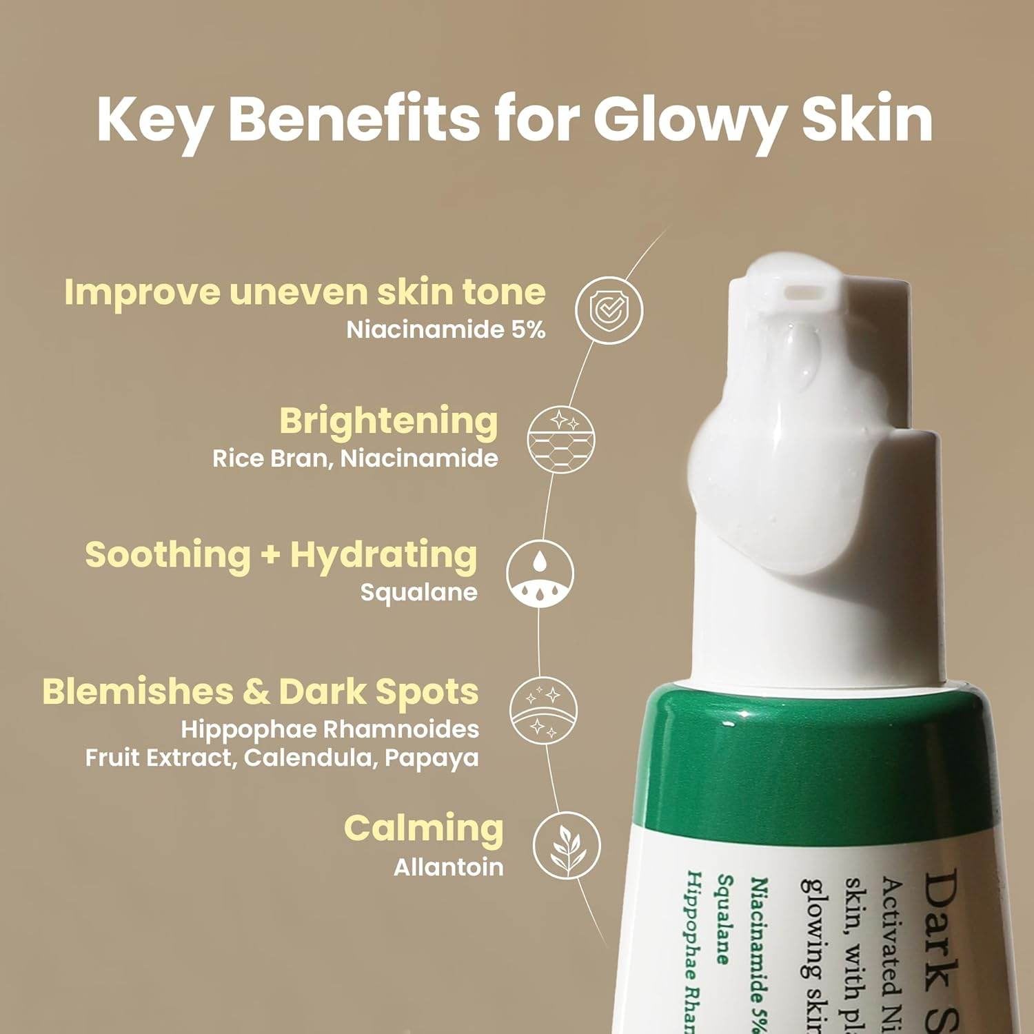 Skincare product with key benefits for glowing skin on a beige background