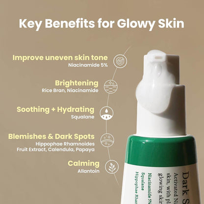 Skincare product with key benefits for glowing skin on a beige background