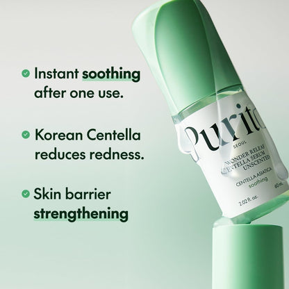 Purito Centella Asiatica serum bottle with text highlighting benefits on a light green background