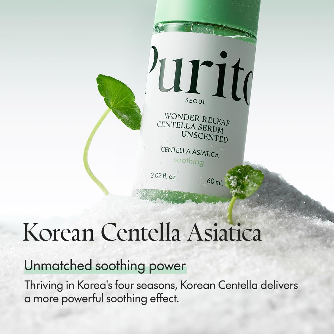 Purito Wonder Releaf Centella Serum bottle with green leaves on a light gray background