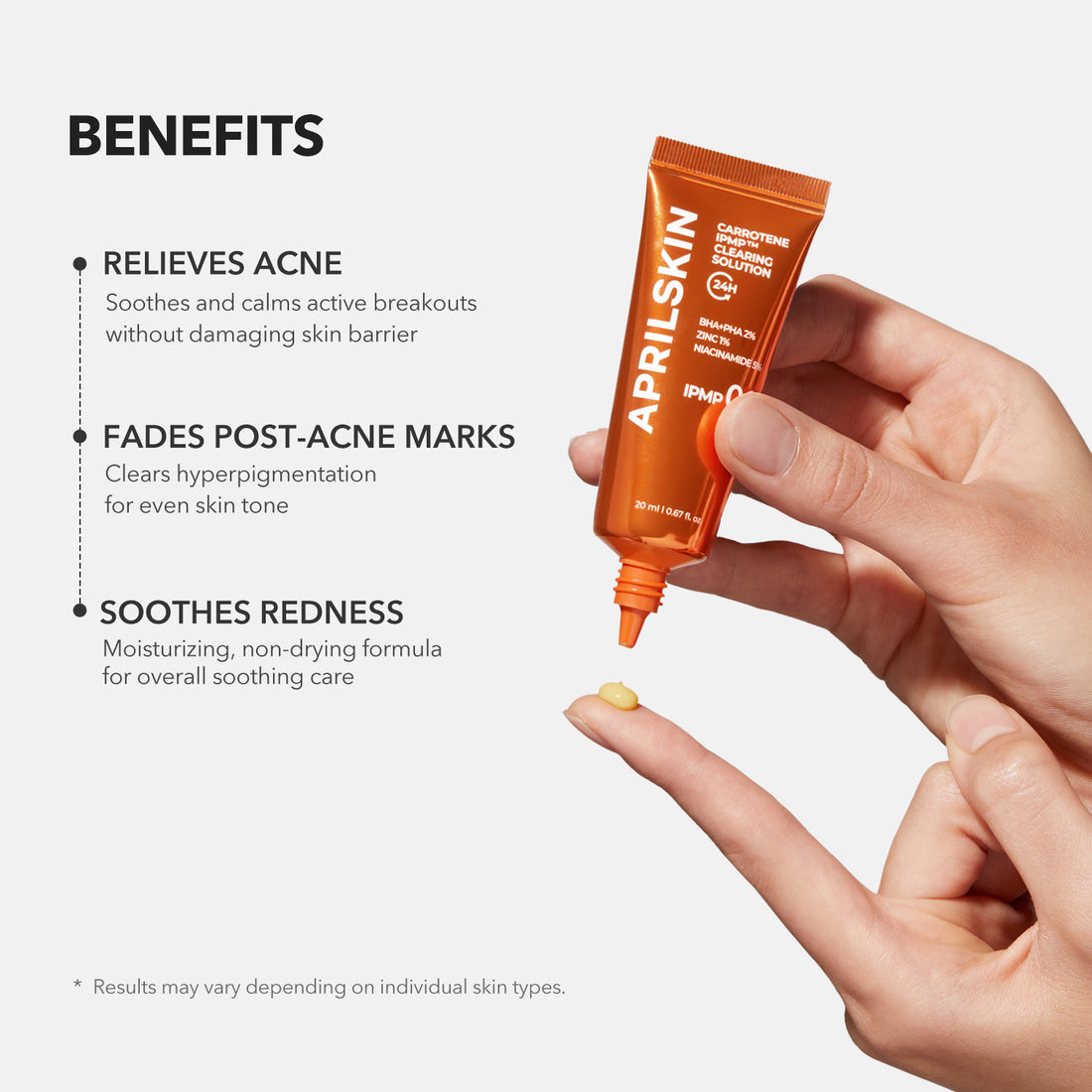 Aprilskin skincare product with benefits listed on a white background