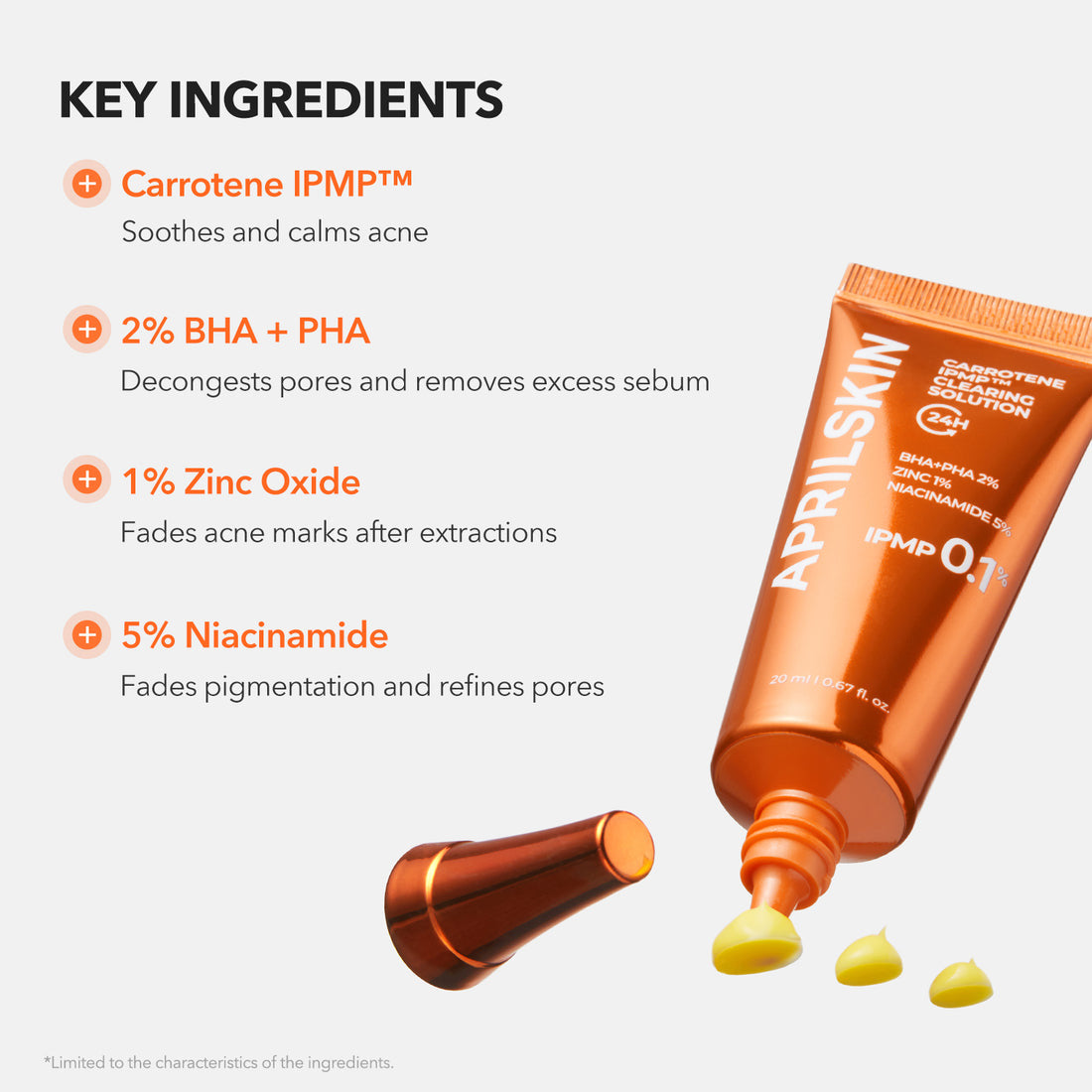 Aprilskin skincare product with key ingredients listed on a white background