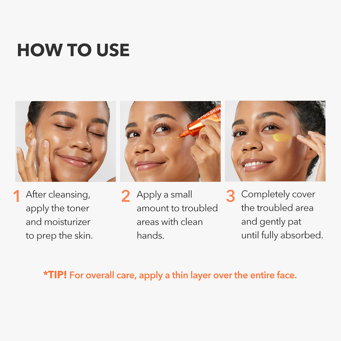 Step-by-step guide on how to use a skincare product with images of a woman applying it.