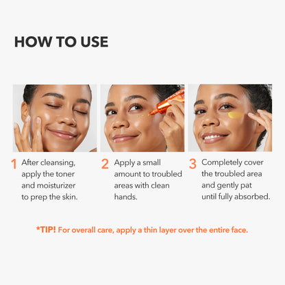 Step-by-step guide on how to use a skincare product with images of a woman applying it.