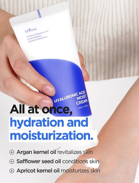 Hand holding a skincare product with text about hydration and moisturization.