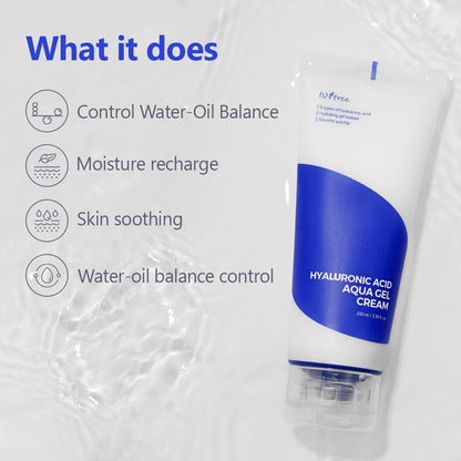 Hyaluronic Acid Aqua Gel Cream bottle with features listed on a light gray background