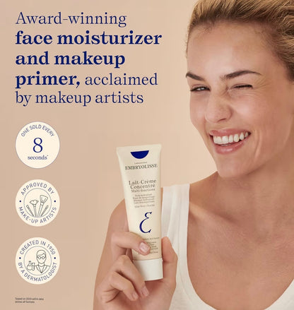 Woman holding Embryolisse face moisturizer with product details on a beige background