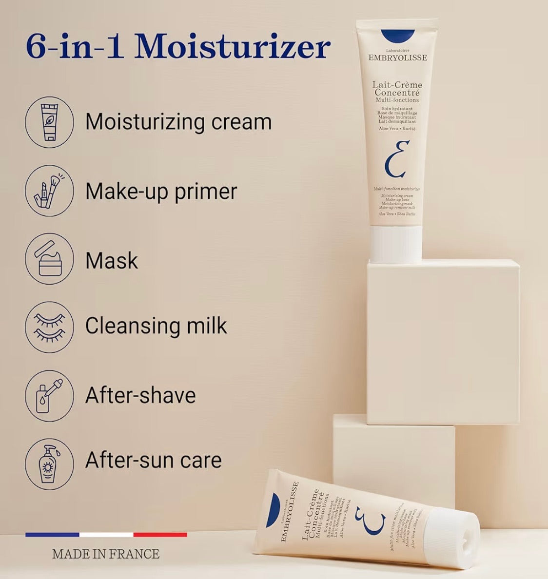 Embryolisse 6-in-1 Moisturizer with product packaging on a beige background