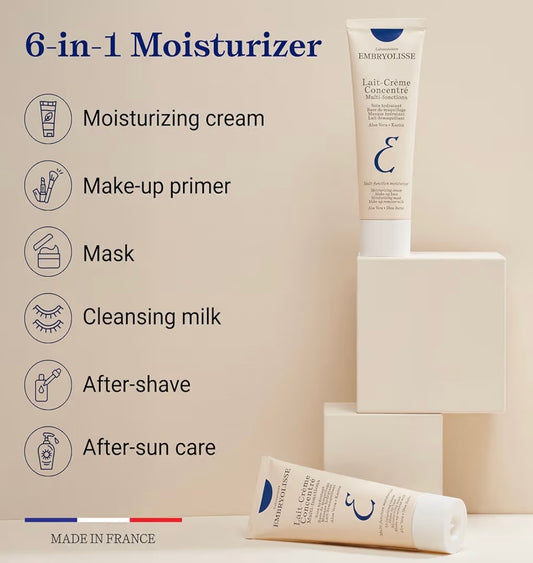 Embryolisse 6-in-1 Moisturizer with product packaging on a beige background