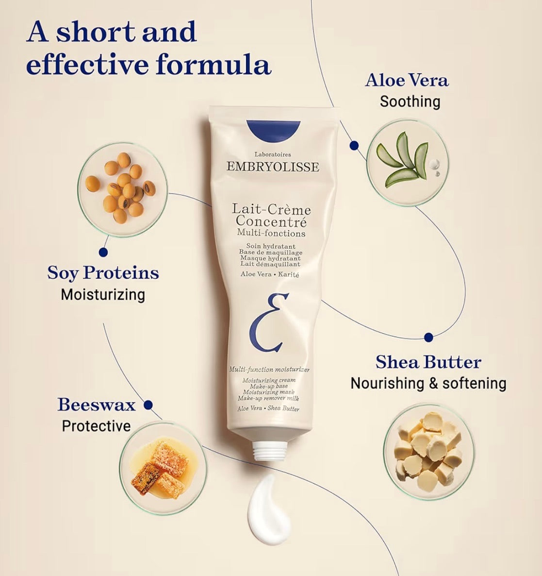 Emburyllisse Lait-Creme Concentre with ingredients labeled on a beige background