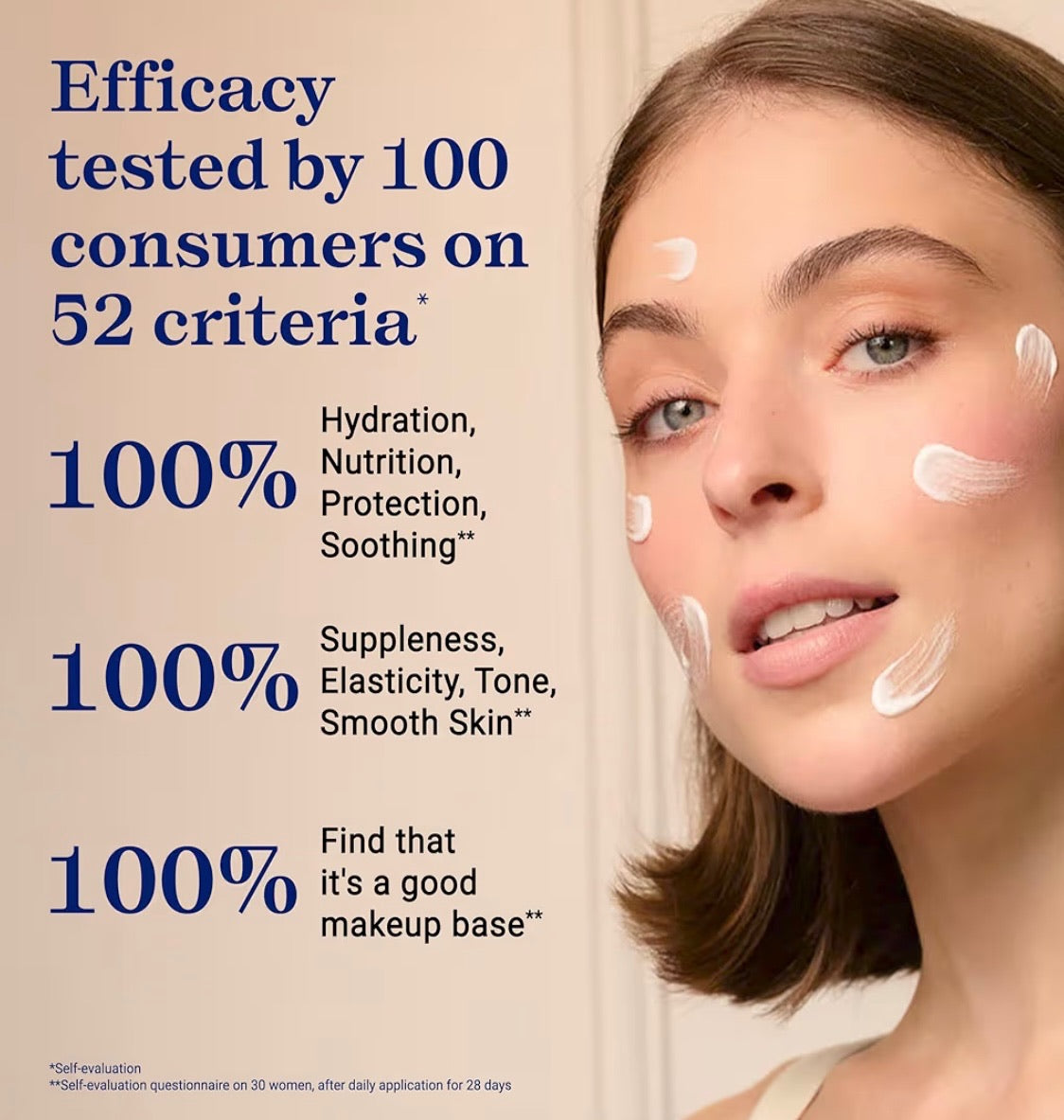 Woman with skincare product application on face and text about efficacy testing