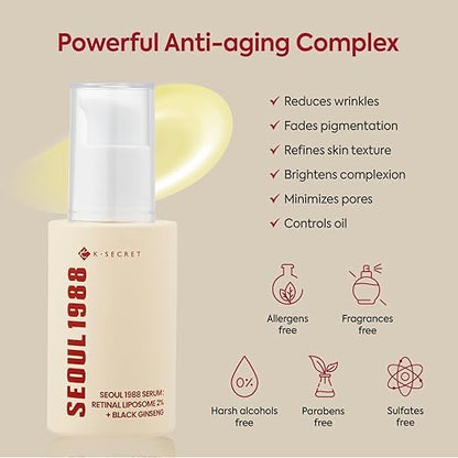 Skincare serum bottle with anti-aging benefits on a beige background