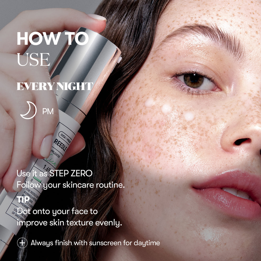 Skincare product being applied to a face with text on how to use it every night.