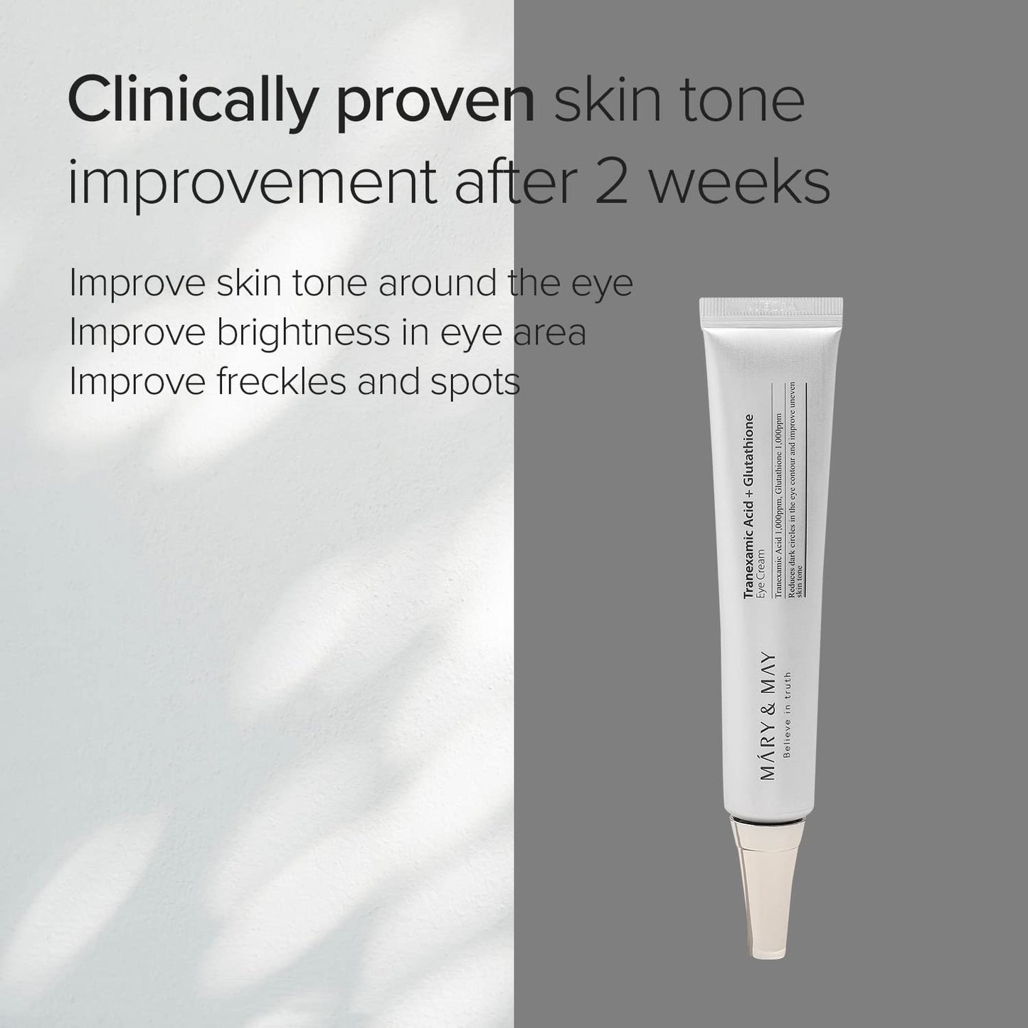 Skincare tube with text about clinically proven skin tone improvement on a gray and white gradient background