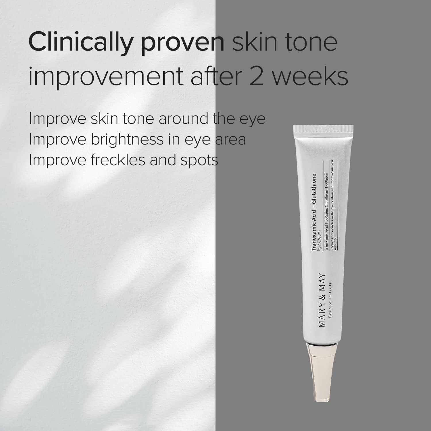 Skincare tube with text about clinically proven skin tone improvement on a gray and white gradient background