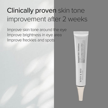 Skincare tube with text about clinically proven skin tone improvement on a gray and white gradient background