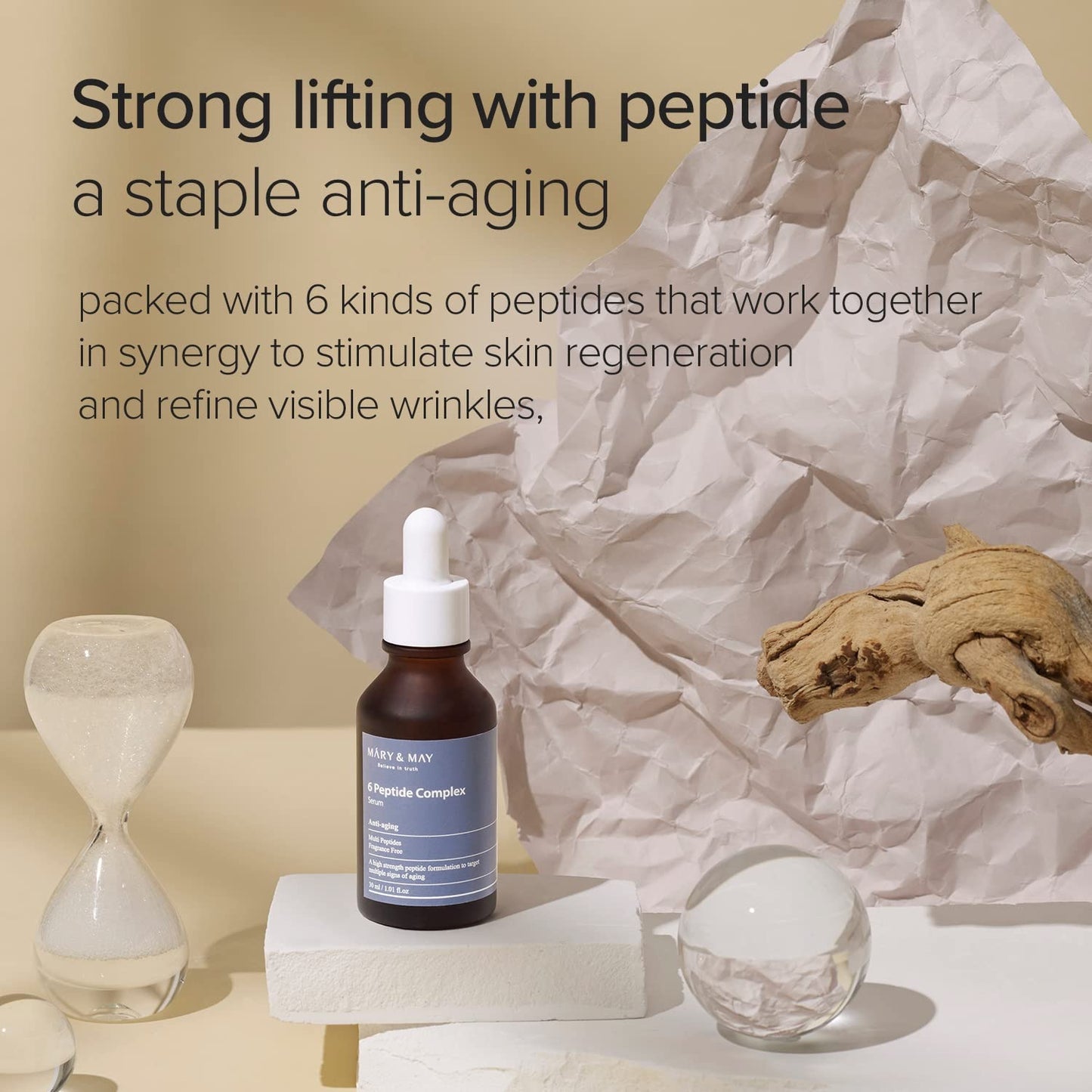 Skincare product with text about peptide benefits on a neutral background