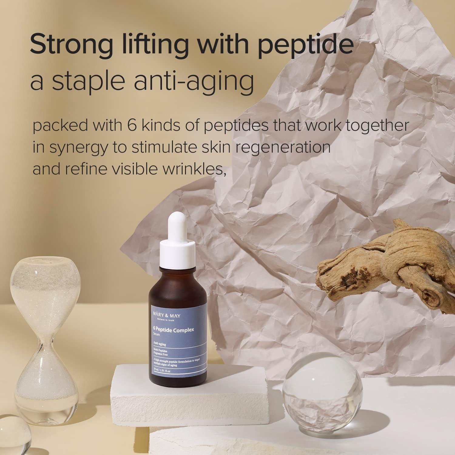 Skincare product with text about peptide benefits on a neutral background
