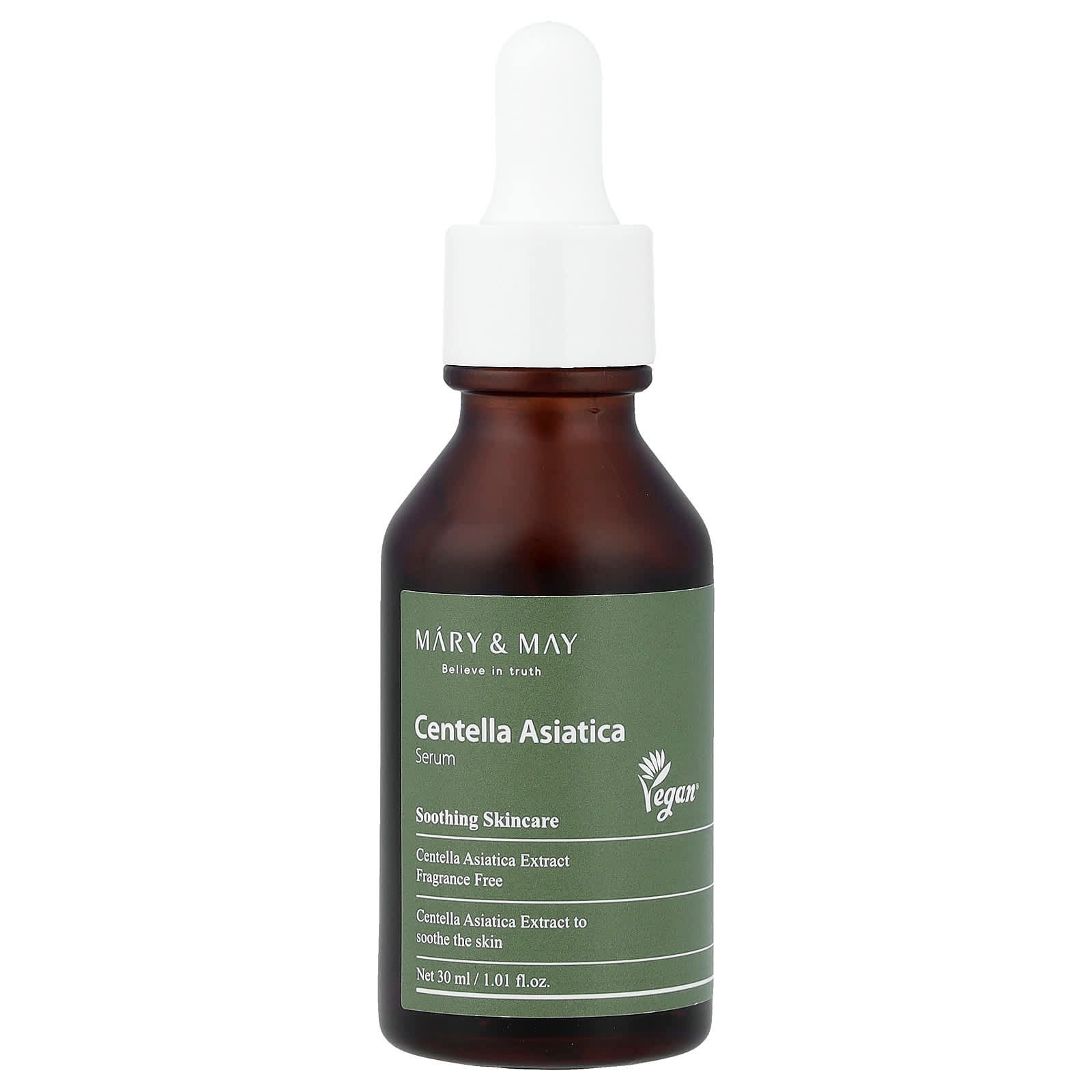 Skincare serum bottle with green label on a white background