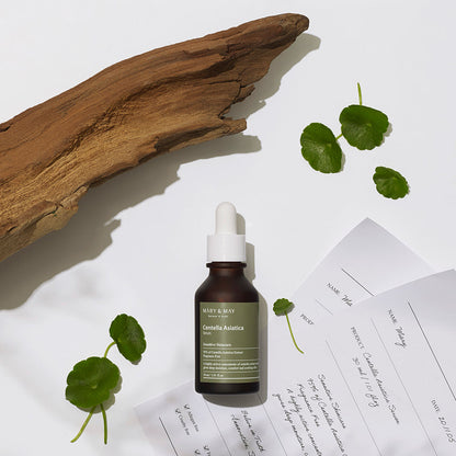 Skincare dropper bottle with green leaves and a piece of wood on a white background