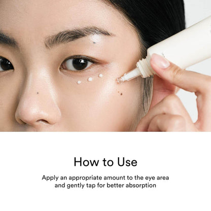 Person applying a skincare product to their eye area with text on how to use it.
